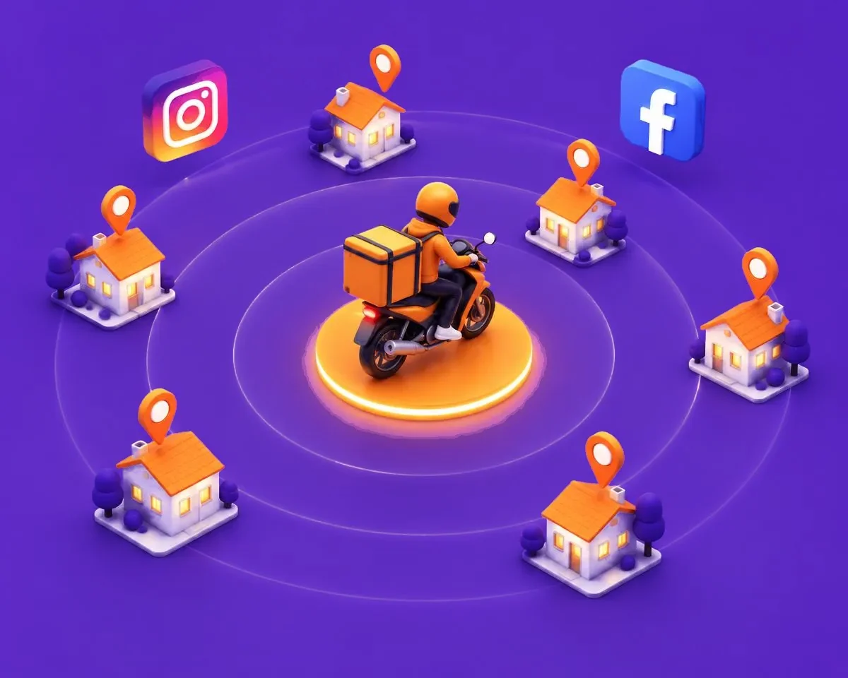 Motoboy no centro dos anéis do raio de entrega, cercado por casas com pins e os ícones do Instagram e do Facebook